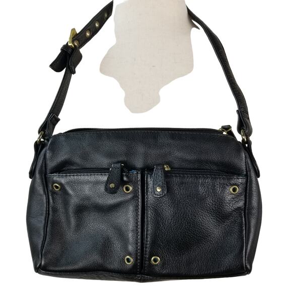 Stone Mountain Black Leather Shoulder Bag Adjustable Strap Brass Buckle Nice! - Picture 2 of 6